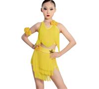 Abito da Ballo Latino con Nappe per Bambine Gonna da Competizione per Balli da Sala per Feste Tango Salsa Rumba cha-cha-cha,Giallo,130