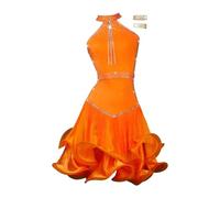 Abito Da Ballo Latino For Donna Con Strass Lucidi, Scollo A V, For Tango E Salsa, Personalizzazione(Orange B,XL)
