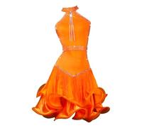 Abito Da Ballo Latino For Donna Con Strass Lucidi, Scollo A V, For Tango E Salsa, Personalizzazione(Orange A,XXXS)