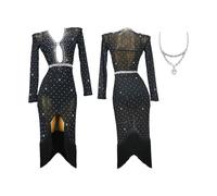 Abito Da Ballo Latino For Donna Con Strass Scintillanti, For Ragazze, Professionale, A Maniche Lunghe, For La Competizione Di Ballo Di Salsa, Personalizzato(Black B,M)