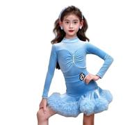 Abito da Ballo Latino in Velluto per Bambine Gonna da Ballo a Maniche Lunghe per Bambini Abbigliamento da Ballo per Carnevale Abbigliamento da Competizione per Balli di Salsa,Blu,160cm