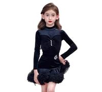 Abito da Ballo Latino in Velluto per Bambine Gonna da Ballo a Maniche Lunghe per Bambini Abbigliamento da Ballo per Carnevale Abbigliamento da Competizione per Balli di Salsa,Nero,110cm