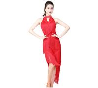 Abito Da Ballo Latino Lucido Abito Da Ballo Con Frange E Paillettes Da Donna For Salsa, Tango, Cha Cha, Rumba Abito Da Ballo Senza Maniche Con Scollo A V For Allenamento, Gare, Esibizioni(Red,XL)
