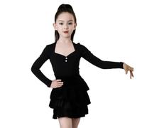 Abito da Ballo Latino per Bambine, Completo da Allenamento per spettacoli di Ballo da Sala Salsa Rumba cha cha Samba Tango Top e Gonna per competizioni,Nero,140