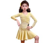 Abito da Ballo Latino per Bambine, Scollo a V in Velluto a Maniche Lunghe Costume da Competizione per Bambini Samba Tango e Salsa,Pale Yellow,140cm