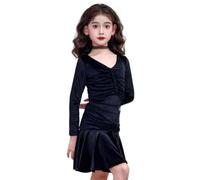 Abito da Ballo Latino per Bambine, Scollo a V in Velluto a Maniche Lunghe Costume da Competizione per Bambini Samba Tango e Salsa,Nero,150cm