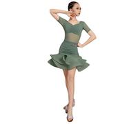 Abito da Ballo Latino per Ragazze, Abito da Ballo Latino, Abito da Ballo per Allenamento di Salsa e Tango, Abito a Maniche Corte, Costume da Competizione per spettacoli,Bean Paste Green,150cm