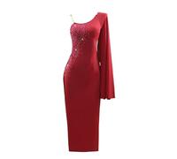 Abito Da Ballo Latino Rosso Con Una Spalla Da Donna - Abito Aderente Senza Schienale Con Strass For Spettacoli Di Salsa Da Sala(L)