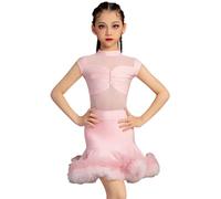 Abito da Ballo Latino Senza Maniche per Bambine, Abito da Competizione per Balli da Sala per Bambini, Abito Ballo Latino con Nappe e Cuciture in Rete per Salsa e Tango,Rosa,XS