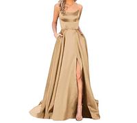 Abito da Ballo Lungo da Donna, Elegante Allacciatura al Collo, Schiena Scoperta, in Raso, Spaghetti, da Sera Con Tasche, Estivo, 4-0115D-Kaki