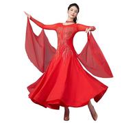 Abito da Ballo Standard da Donna, Elegante Abito da Competizione A Maniche Lunghe con Girocollo, Strass E Gonna in Chiffon Fluida per Valzer Tango Foxtrot,Rosso,M