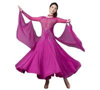 Abito da Ballo Standard da Donna, Elegante Abito da Competizione A Maniche Lunghe con Girocollo, Strass E Gonna in Chiffon Fluida per Valzer Tango Foxtrot,Viola,M