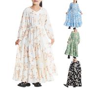 Abito da bambina a maniche lunghe, con scollo a V, minimalista, con motivo floreale, abito da principessa, comodo, delicato sulla pelle, a maniche lunghe, per il tempo libero, morbido, elegante, linea