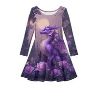 Abito da bambina a maniche lunghe, linea ad A, ideale per la primavera e l'estate, con scollo rotondo, motivo stampato per l'uso quotidiano, Viola scuro, 8-9 Anni