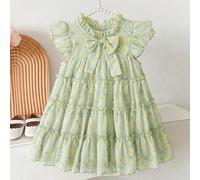 Abito da bambina casual e alla moda con stampa floreale e decorazione a fiocco, adatto per primavera, estate, autunno, casa, vacanza, festa, uso quotidiano 6-9M,9-12M,12-18M,18-24M,2-3Y,3-6Mstampa dap
