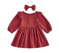 Abito da bambina con maniche lunghe e maniche a balze, elegante abito da festa, comodo per il tempo libero per bambini e bambini, Vino, 2-3 Anni