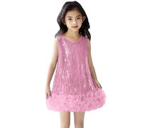 Abito da bambina con paillette, senza maniche, lunghezza al ginocchio, elegante, da principessa, scintillante, con volant, abito da festa, incantevole con glitter, Colore: rosa., 120 cm