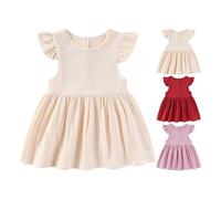 Abito da bambina con scollo rotondo, maniche ad ali a linee, in cotone, delicato sulla pelle, con volant, minimalista, per il tempo libero, in morbido lino, da principessa, beige., 80