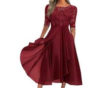Abito da Cerimonia da Donna in Chiffon e Pizzo, Abito Lungo, invitata a Un Matrimonio, Sera a Mezza Manica, Lungo e fluente, Rosso Vino, Taglia XL.
