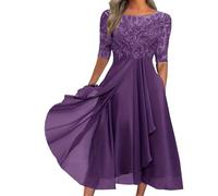 Abito da Cerimonia da Donna in Chiffon e Pizzo, Abito Lungo, invitata a Un Matrimonio, Sera a Mezza Manica, Lungo e fluente, Viola Scuro, Taglia XL.