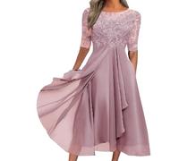 Abito da Cerimonia da Donna in Chiffon e Pizzo, Abito Lungo, invitata a Un Matrimonio, Sera a Mezza Manica, Lungo e fluente, Rosa, Taglia XL.