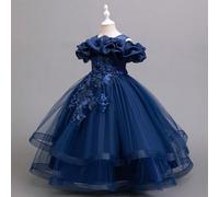 Abito da cerimonia da ragazza con pannello in rete a fiori 3D, spalle scoperte, abito da festa di compleanno per damigella, vestito da ricital di danza, elegante abito principessa per recital di piano