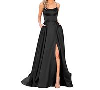 Abito da Cerimonia Donna Elegante Maxi Vestito Cocktail Ballo Party Festa Abito Donna Spacco Casual Laterale Cinturino Raso Incrociato Tasche Estivi Elegante Dress (Black, L)