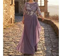 Abito da cerimonia elegante e romantico taglie forti, collo tondo, maniche 3/4, applicazioni in vita, orlo con volant, in chiffon ricamato di lusso, abito da madre della sposa, viola 1XL,2XL,3XL,4XLBl