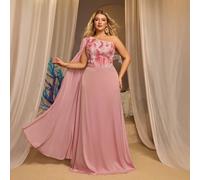 Abito da cerimonia elegante, romantico e di moda, di taglia grande, in chiffon rosa ricamato, con patchwork, monospalla, balze e linea a sirena, adatto per feste formali, matrimoni, addii al nubilato
