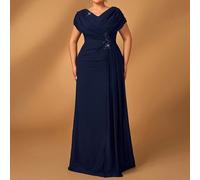 Abito da cerimonia lungo per la madre della sposa, di taglia grande, elegante e di lusso, con pesanti ricami, color navy e con pieghe a plissé in stile A-line 0XL,1XL,2XL,3XL,4XL,5XLColore unicoTessut