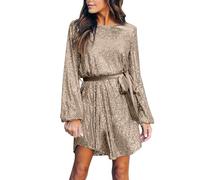 Abito da cocktail da donna, con paillette, con paillettes, abito da sera, lucido, a maniche lunghe, abito da ballo, mini abito per matrimoni, feste, con lacci, gold, L