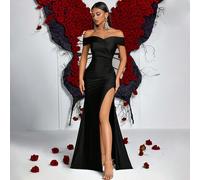 Abito da cocktail da donna con spalle scoperte, spacco sulla coscia, arricciature laterali e orlo a sirena, elegante per feste formali, cene e come ospite a un matrimonio L,M,S,XSColore unicoTessuto i