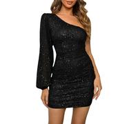 Abito da cocktail da donna corto, abito bodycon elegante con glitter a maniche lunghe, mini abito con paillettes, abito da festa corto a manica unica, abito da cocktail, abito da sera corto, abito da