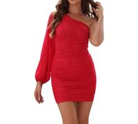 Abito da cocktail da donna corto, abito bodycon elegante con glitter a maniche lunghe, mini abito con paillettes, abito a tubino con una spalla, abito da cocktail corto, abito da festa autunnale