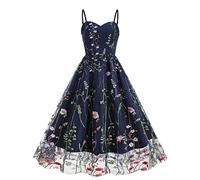 Abito da cocktail da donna, elegante, in tulle, con motivo ricamato, con spaghetti, rockabilly, abito da sera estivo, in rete, Blu marino, M