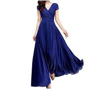 Abito da cocktail da donna, estivo, a maniche corte, con scollo a V, elegante, lungo, linea ad A, a vita alta, tinta unita, per damigelle, feste, da sera, Blu, XL