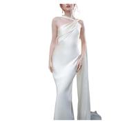 Abito da cocktail da donna formale in raso con collo asimmetrico e orlo a sirena, aderente, da sera(bianco,S)