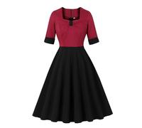 Abito da cocktail da donna, rockabilly, per feste, anni '50, vintage, per feste, da sera, con scollo a V, maniche a 3/4, elegante, a maniche corte, swing, O rosso., XXL