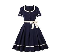 Abito da cocktail da donna, rockabilly, per feste, anni '50, vintage, per feste, da sera, con scollo a V, maniche a 3/4, elegante, a maniche corte, swing, O blu navy, XXL