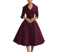Abito da cocktail da donna, stile vintage anni '50, abito da sera da donna, elegante e glamour con scollo a V, abiti da ballo da sposa, a trapezio a scialle, a maniche lunghe, tinta unita, elegante