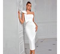 Abito da cocktail, da festa o da cerimonia elegante e semi-formale, con un solo spallino, di colore unito, decorato con fiocco, senza spalline, con spacco, schiena scoperta, lunghezza midi, colore bia