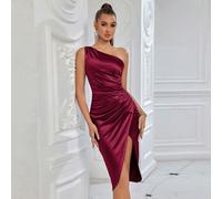 Abito da cocktail, da festa o per appuntamento, con un solo spallone, in colore tinta unita, con pieghe, spacciatura frontale e dettagli plissettati L,M,S,XSColore unicoTessuto intrecciato