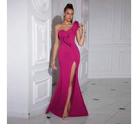 Abito da cocktail, da sera, da cerimonia, da matrimonio come invitato, con spalla scoperta, rifiniture in volant, spacco laterale, elegante, adatto per laurea, cena L,M,S,XL,XSColore unicoTessuto intr