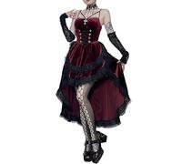 Abito da cocktail gotico alto basso swing da donna vintage gotico pizzo punto smock elastico in vita pieghettato abiti aderenti fluidi, 1 rosso., S