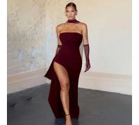 Abito da cocktail lungo ed elegante in maglia per donne curvy, con spalline sottili, design schiena scoperta, vita stretta, busto plissettato, spacco alto sulla coscia, adatto per matrimoni e feste di