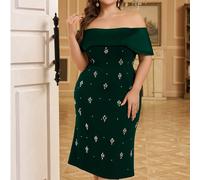 Abito da cocktail nero aderente, con spalle scoperte e strass, con vita svasata, che valorizza la silhouette, adatto per feste 0XL,1XL,2XL,3XL,4XL,5XLTessuto in maglia