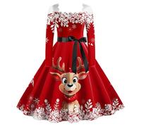 Abito da cocktail per feste con cinturino festivo abiti di Natale da donna classico a maniche lunghe con cintura linea A con volo, rosso, S