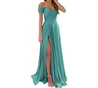 Abito da damigella d’onore, da donna, in raso, per matrimoni, con spalle scoperte, per balli scolastici, con spacco, abito elegante per feste, Turchese, 48