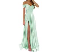 Abito da damigella d’onore, da donna, in raso, per matrimoni, con spalle scoperte, per balli scolastici, con spacco, abito elegante per feste, Verde menta, 46