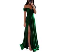 Abito da damigella d’onore, da donna, in raso, per matrimoni, con spalle scoperte, per balli scolastici, con spacco, abito elegante per feste, Verde smeraldo, 44